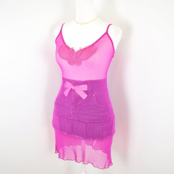 Vintage 2000s Y2K Hot Pink Sheer Mesh Babydoll Lingerie Slip Cami Top Sz Medium - Picture 2 of 7